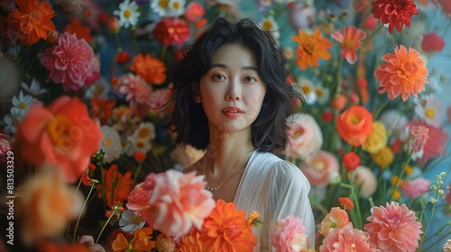 A Chinese mom holding a bouquet of flowers, The background is a floral art installation composed of colorful and vibrant flowers. Generative AI. © visoot