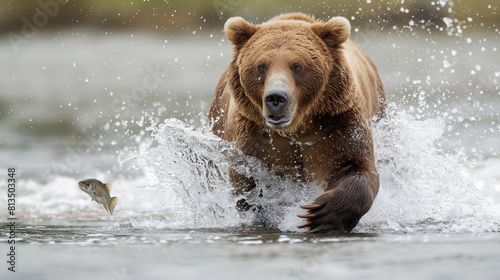 Powerful Brown Bear Catching Fish in Rapid Stream