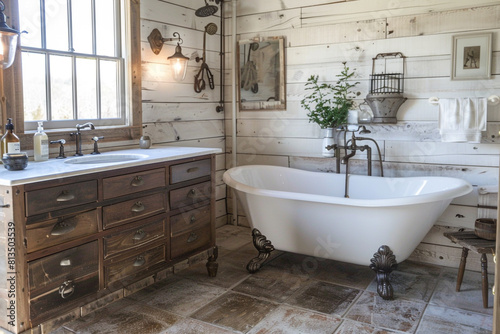 A modern farmhouse bathroom with a rustic touch  showcasing a clawfoot bathtub  a weathered wood vanity  and vintageinspired fixtures 