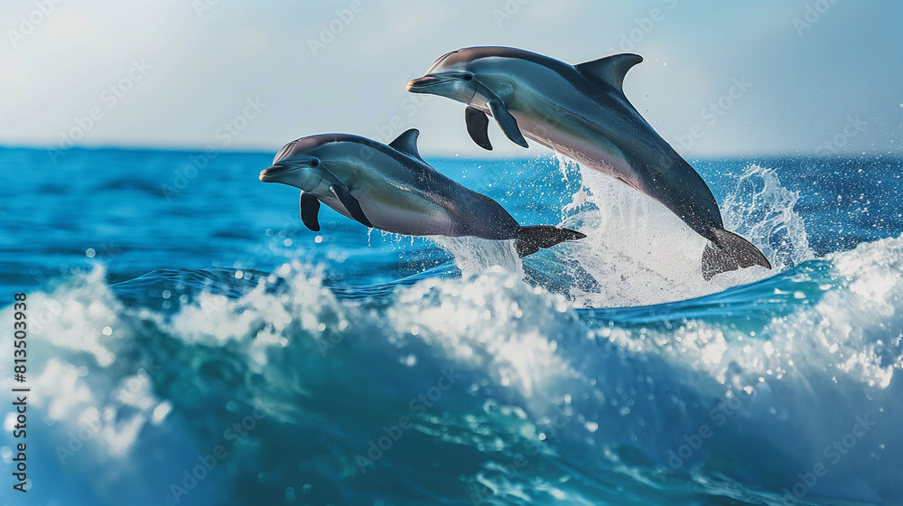 Fototapeta premium Playful Dolphins Leaping Joyfully Over Ocean Waves