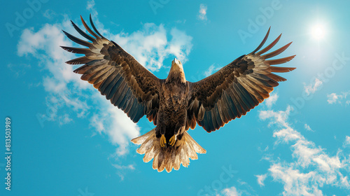 Majestic Bald Eagle Soaring Against a Blue Sky with Clouds