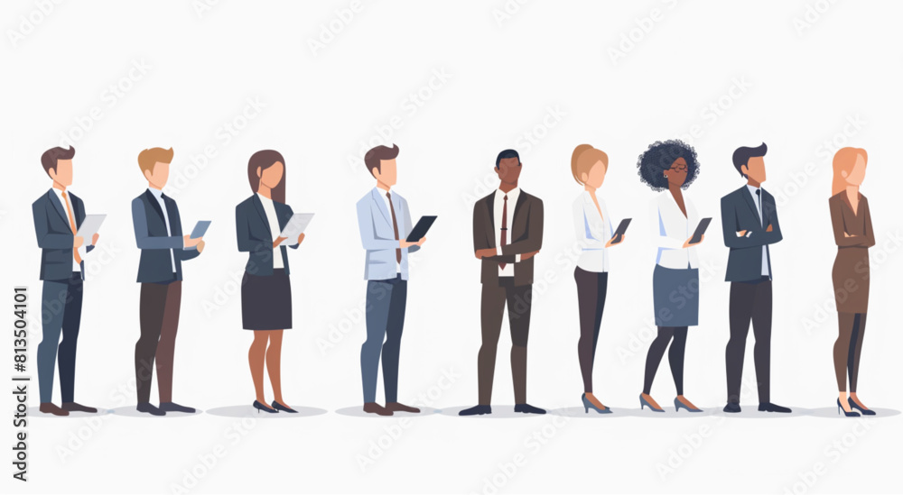 A group of business people standing in line with one person holding an iPad, vector illustration in the style of white background