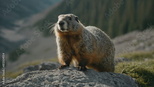 small animal standing on a rock in the mountains,