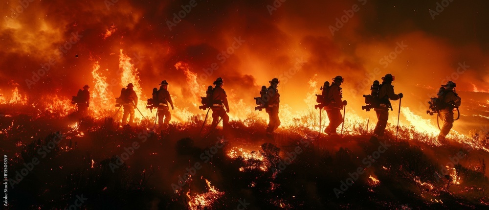 Fototapeta premium Firefighters battling a raging wildfire. AI.