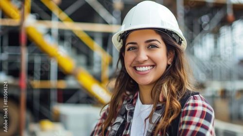 A smiling female engineer on a construction site