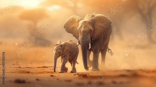 Majestic Elephant Mother Guiding Calf Through Golden Savannah at Sunset