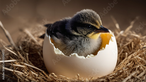 small bird sitting inside of an egg shell