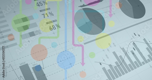 Image of statistics and data processing over colorful shapes on white