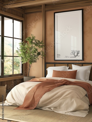 Frame mockup  modern oriental style hanok house interior  apartment bedroom wall poster mockup  3D render