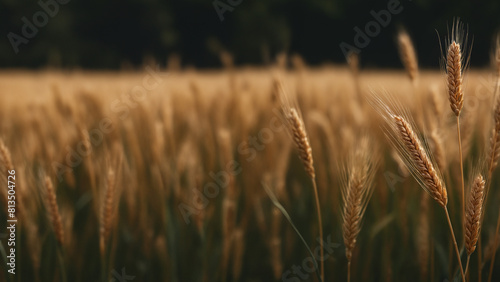 Close-up of golden wheat ears on a dark farm field background. Agricultural scene with cultivation of cereals with copy space. Concept of natural organic farming with rich harvest.