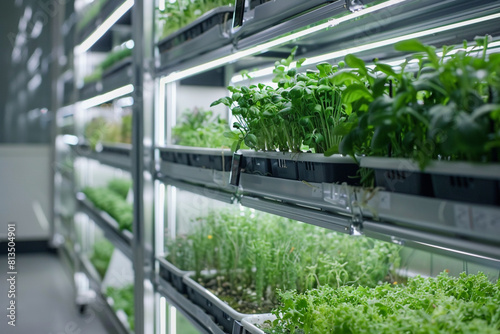 A modern vertical farming setup utilizing hydroponic technology for plant growth 