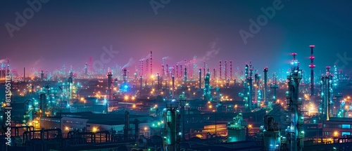 Wallpaper Mural Night view of an industrial complex with many illuminated chemical plants and storage tanks. AI. Torontodigital.ca