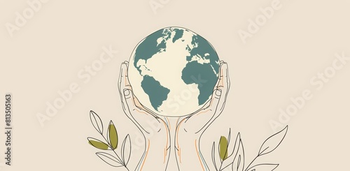 World environment day background with earth in hands and plant. One line drawing. Poster, banner, background for environment day.