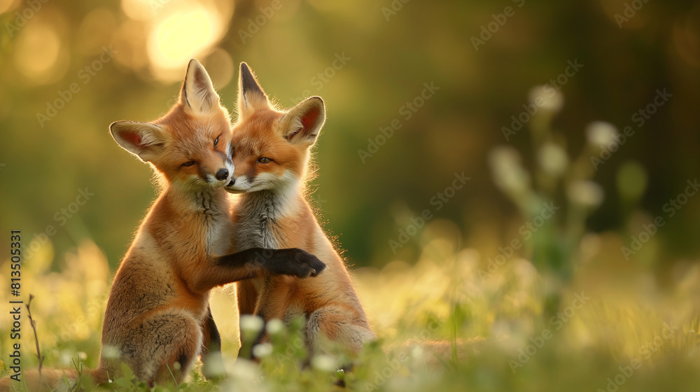 Fototapeta premium Playful Fox Cubs Nuzzling in a Lush Meadow