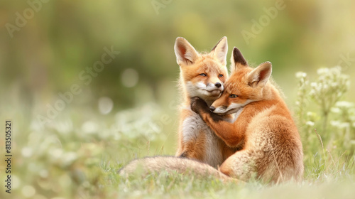 Playful Fox Cubs Nuzzling in a Lush Meadow