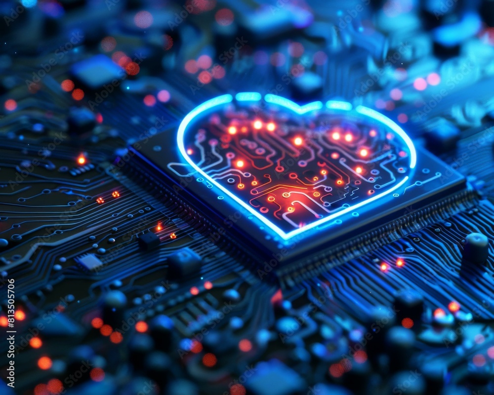 Glowing blue circuit board with a heart-shaped core. AI. Glowing blue circuit board with a heart-shaped core. AI.