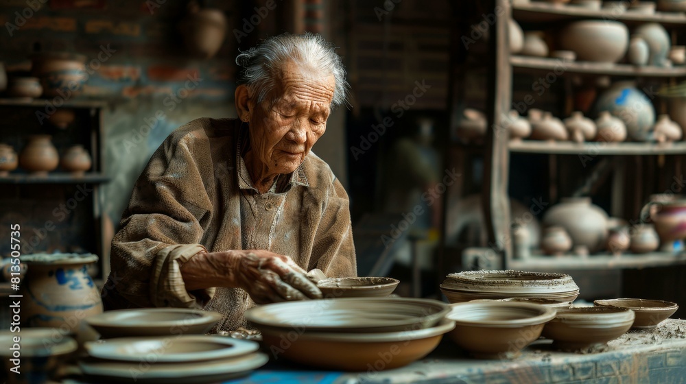 An elderly woman carefully molds a clay bowl in her pottery studio. AI. An elderly woman carefully molds a clay bowl in her pottery studio. AI.