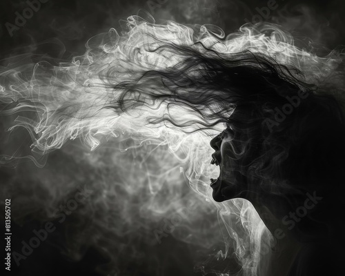 Haunting portrait of a screaming woman made of smoke. AI.