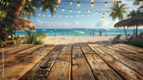 An unoccupied wooden table against the backdrop of a beach celebration  ready for guests to enjoy the coastal ambiance.
