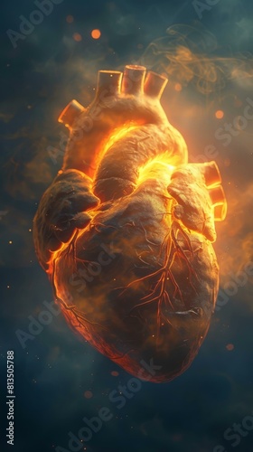 Glowing digital artwork of a human heart. AI. photo