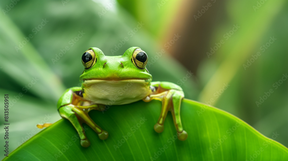 Alert Green Frog Sitting on a Lush Leaf in Tropical Rainforest Alert Green Frog Sitting on a Lush Leaf in Tropical Rainforest