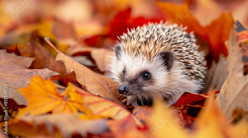 Adorable Hedgehog Nestled Among Vibrant Autumn Leaves