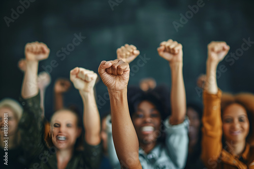 Multi ethnic people raising their fists up in the air © Areesha