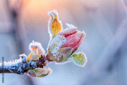 a newly blossomed bud on a tree covered with frost spring frosts  threat of crop loss 
