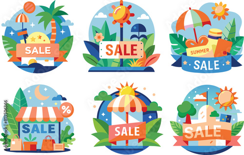 Set of flat vacation  summer sale icon  vector illustration.