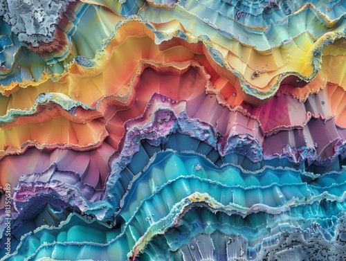 Close-up of colorful, layered mineral deposits. AI. photo