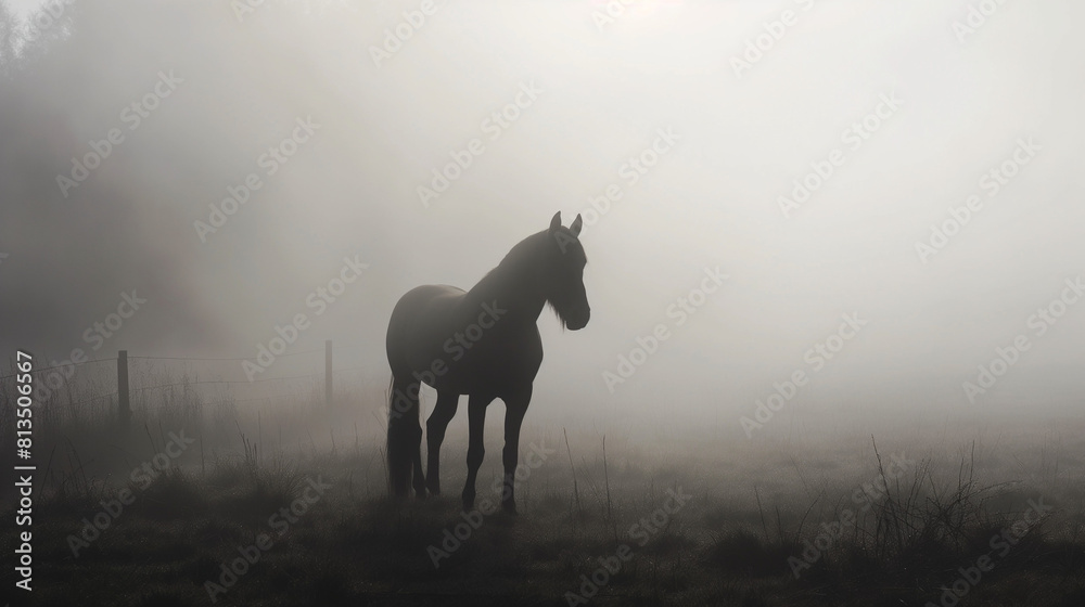 Solitary Horse Silhouetted in Misty Field at Dawn Solitary Horse Silhouetted in Misty Field at Dawn