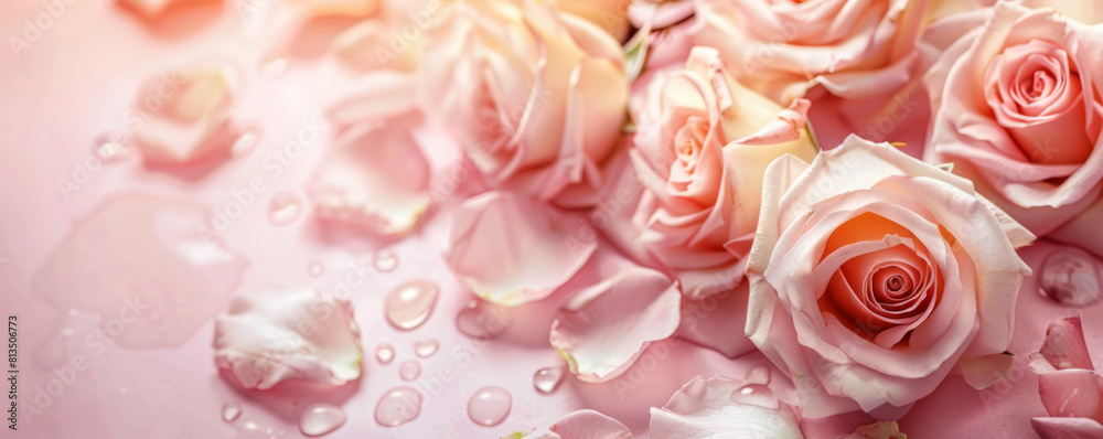 Fototapeta premium Soft Pink Roses with Fresh Dew Drops