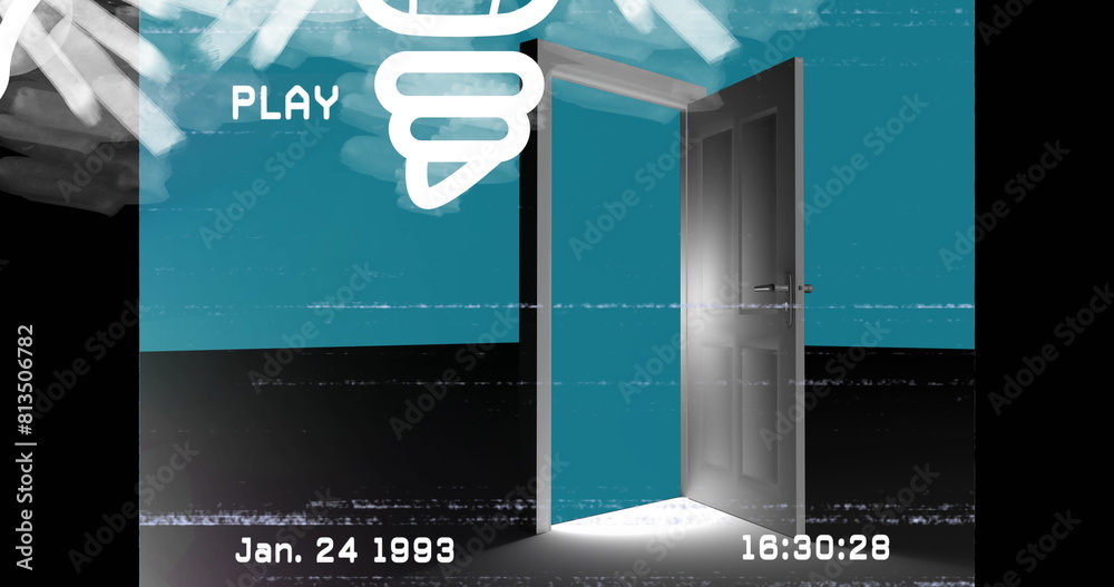 Fototapeta premium Image of interference over shapes and door on blue background