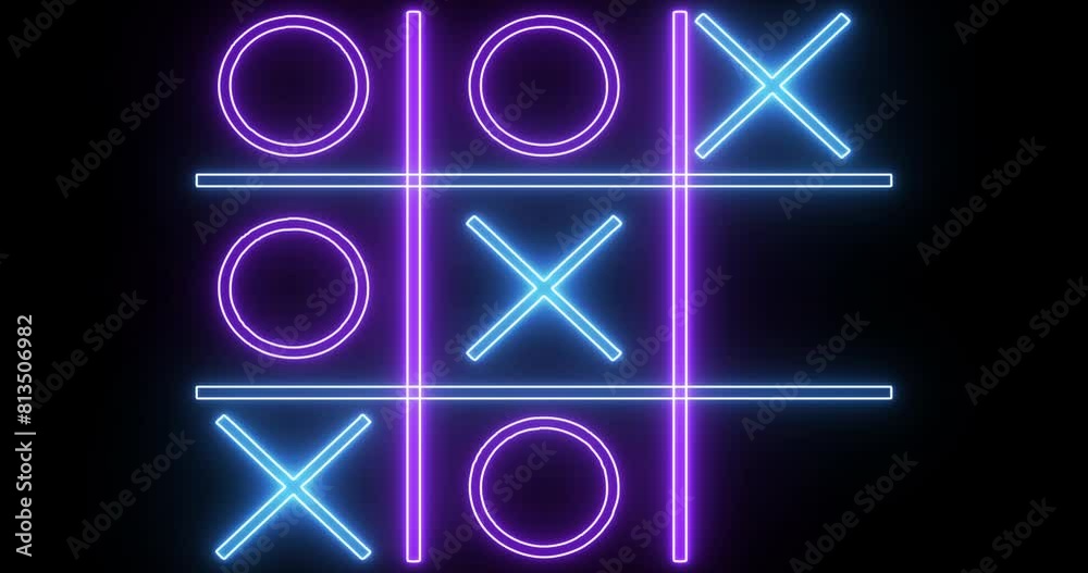 4K blue and pink Tic Tac Toe game icon on a black background. Glowing neon line Tic Tac Toe X-O game icon on a black background. Technology video material animation. Easy to use in any video.