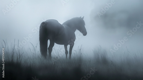  Solitary Horse Silhouetted in Misty Field at Dawn
