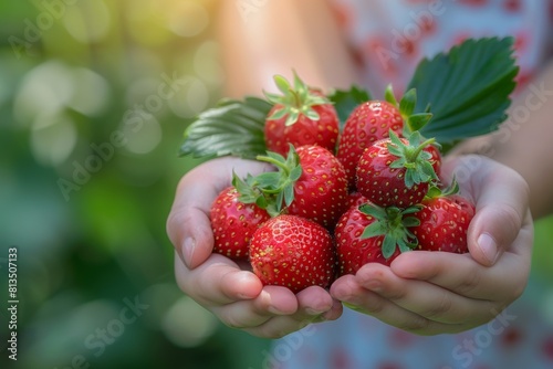 Little girl holding a handful of fresh strawberries in her hands close up.