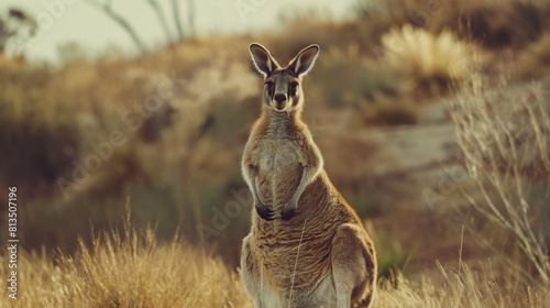 Alert Kangaroo Standing in Golden Grassland at Sunset