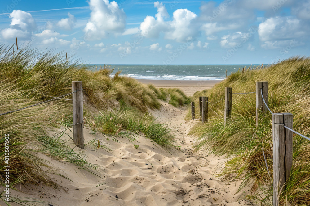 Fototapeta premium A path with many tracks, delimited by wooden posts on the sand dune with wild grass and beach in Noordwijk on the North Sea