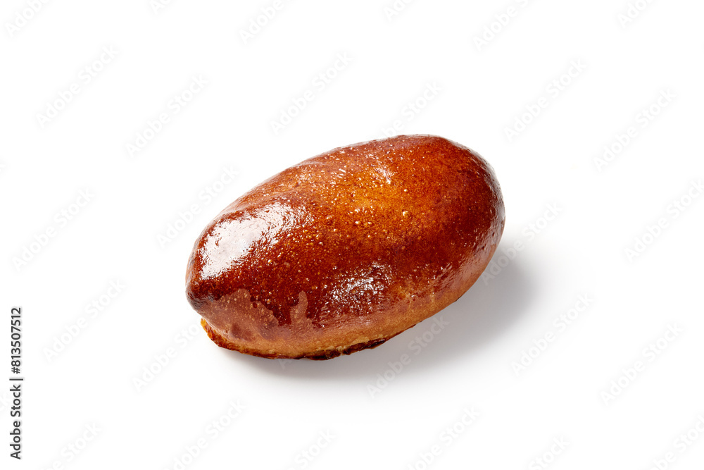 Yeast leavened boat-shaped bun with filling on white Yeast leavened boat-shaped bun with filling on white