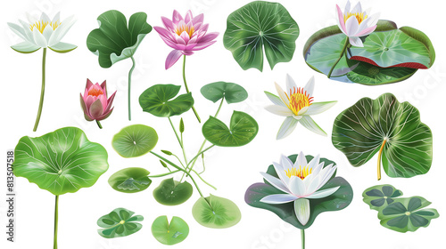 Set of aquatic flowers including water lilies  lotus  and papyrus blooms  isolated on transparent background