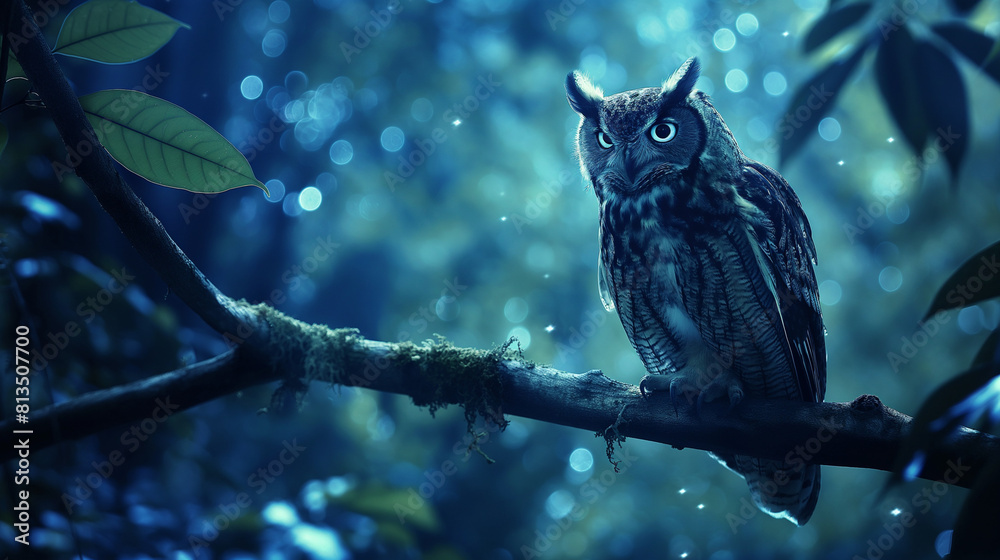 Mystical Owl Perched on a Branch Under Starry Night Sky Mystical Owl Perched on a Branch Under Starry Night Sky