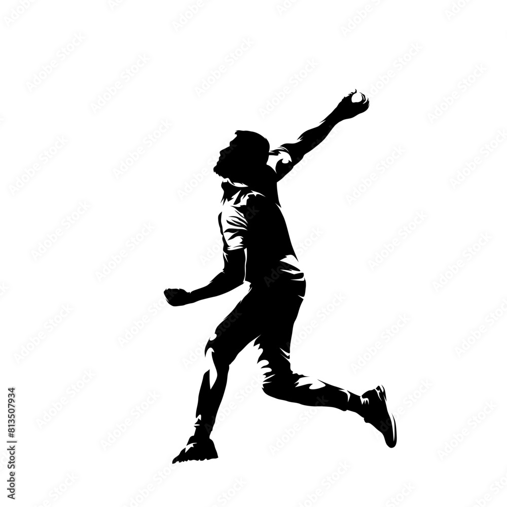 Cricket player, bowler throwing, isolated vector silhouette