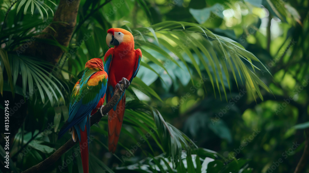 Obraz premium Pair of Scarlet Macaws Perched on Branch in Lush Tropical Rainforest