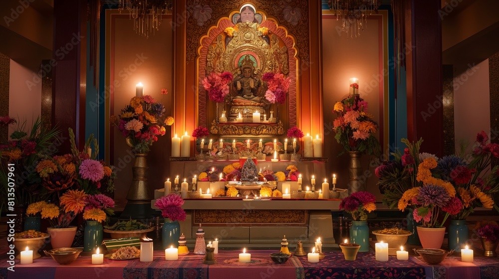 A beautifully decorated altar adorned with candles, flowers, and traditional symbols, celebrating a cultural festival or religious ceremony in vibrant colors and intricate designs.