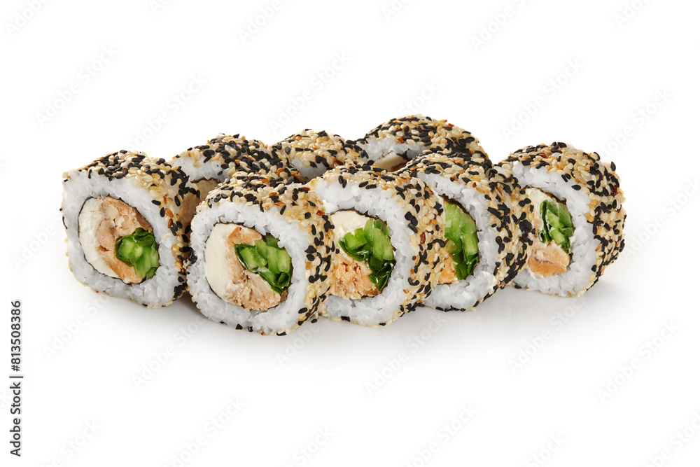 Baked tuna sushi rolls coated with sesame seeds on white Baked tuna sushi rolls coated with sesame seeds on white