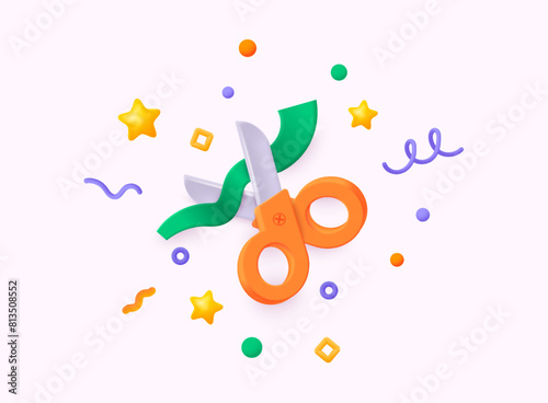 Grand opening cutting green ribbon with  colorful bright confetti.  Festive backdrop. Party design with colorful confetti. 3D Web Vector Illustrations.