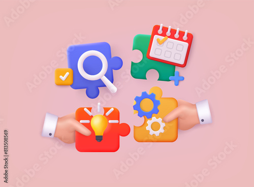 3D jigsaw puzzle pieces symbol of teamwork. Can use for web banner, infographics, hero images. 3D Web Vector Illustrations.