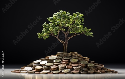 Green tree growing on stack of coins isolated on a black background. Growing up of economy concept.