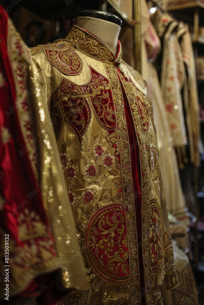A Turkish kaftan displayed in a historic bazaar, with intricate Ottoman-inspired embroidery and luxurious silk fabric, Generative AI A Turkish kaftan displayed in a historic bazaar, with intricate Ottoman-inspired embroidery and luxurious silk fabric, Generative AI