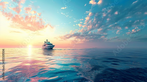 a luxury yacht in the distance in blue ocean with clear blue sky, fantasy art, sunrise in background photo